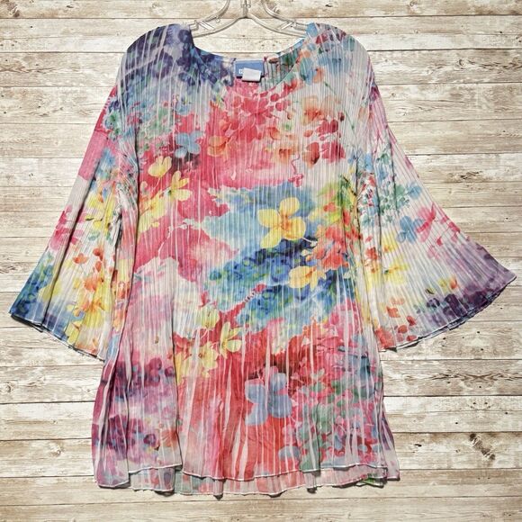Koret Blouse Womens XL Multicolor Bohemian Accordion Round Neck Flowy - Picture 1 of 12